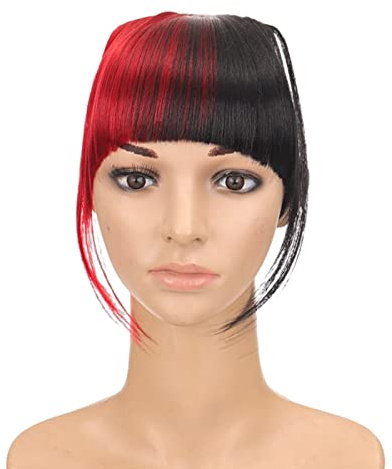 KALUROIL Pony Haarteil Echthaar Clip in One Piece Extensions Fringe Verlängerung 100% Human Haar natürlich #6 Pony-5.5(14cm)-9g(schwarz+rot)