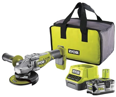 Ryobi R18AG7-150GZ, Smerigliatrice Angolare a Batteria 18V ONE+, 1 Batteria al Litio 5.0Ah + Caricatore Rapido 2.0A, 3 Posizioni di Impugnatura, 11.000 giri/min, Borsa con 1 Mola