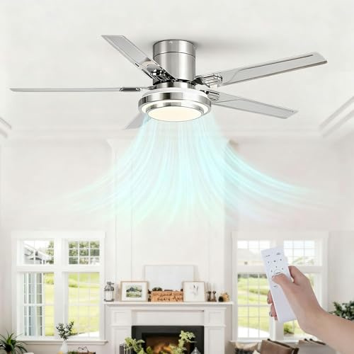 Moddeny Modern Ceiling Fan with Light and Remote Control, 42 Stainless Steel 5-Blade Ceiling Fan 6 Speed 3 Color Reversible Flush Mount Low Profile Ceiling Fans for Bedroom Kitchen Living Room