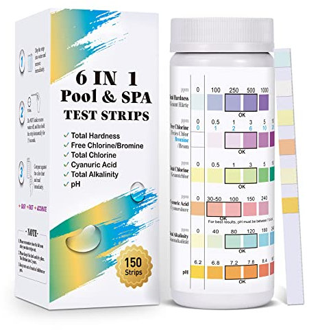 Pool Teststreifen, 150 Stück 6 IN 1 Teststreifen Pool Poolwasser Teststreifen, pH Teststreifen Pool für PH-Wert,Freies Chlor,Gesamthärte,Brom,Gesamtchlor,Cyanursäure,Gesamtalkalität