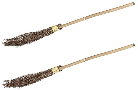 Relaxdays Escoba de Bruja, Set de 2, con Palo, 97 cm, Accesorios de Disfraces Adultos, Halloween, Bambú, Natural