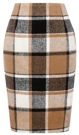 Plaid Skirt for Women 2025 Fall Winter High Waisted Midi Knee Length Tartan Wool Pencil Skirt with Slit (Brown New, L)