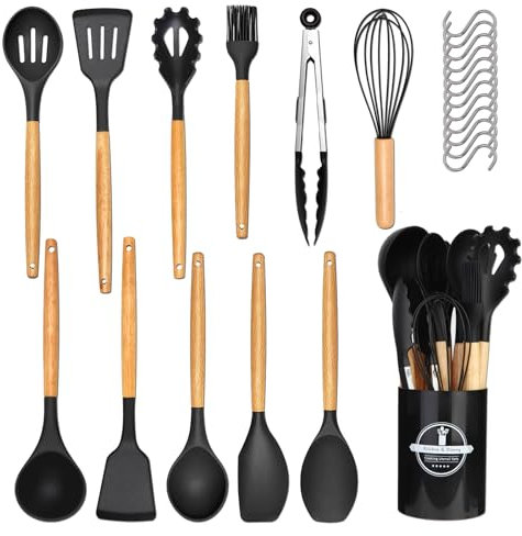 Juego de utensilios de cocina de 24 piezas: antiadherente, resistente al calor, silicona, espátula, utensilios de cocina con mango de madera, 12 ganchos en S, color negro