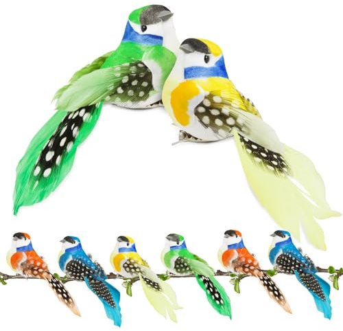 BETESSIN 8Pcs Vogel Deko Figuren Künstliche Vögel Deko mit Clip Bunt Vogelfigur mit Halterungsklammer Mini Vogel Dekofigur 8cm für Garten Frühling Deko Party Dekoration