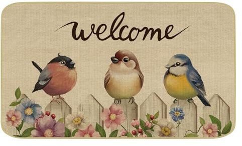 comfoyar Fußmatte Vögel Blume, Fussmatte Frühling Lustig mit rutschfest Gummiunterlage, Waschbare Welcome Blumen Fußabtreter Schmutzfangmatte für Außen Innen Eingang Hause Dekoration, 43x75cm
