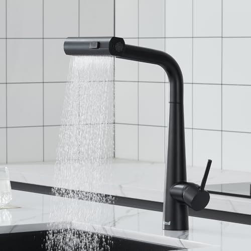 Ulytid Wasserhahn Küche Schwarz, Küchenarmatur mit Brause Ausziehbar, Hochdruck Mischbatterie Armatur Küche mit 3 Sprühfunktionen, 360° Schwenkbar Spültischarmatur Einhebelmischer aus Edelstahl