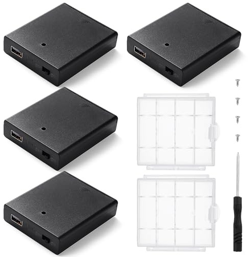 KUOQIY 4 Pièces 4x1.5V AA Supports de Piles, Boîtier de Batterie avec Intégré Prise Femelle USB Couvercle et Interrupteur On/Off, avec 2 Pièces Boîte à Piles en Plastique et Tournevis et Vis, Noir