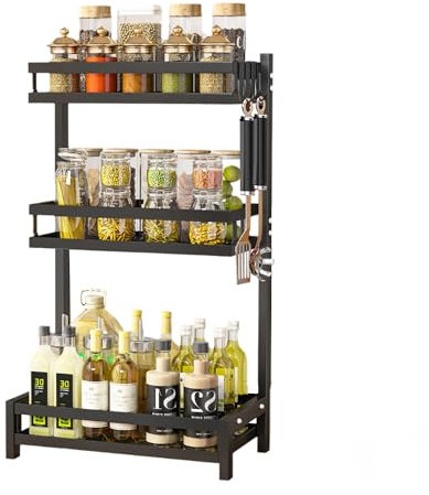 Mointal Support à Épices pour Cuisine, Etagère de Stockage d'Épices à 3 Niveaux, Etagère de Stockage d'Épices pour Condiments, Rangement d'Épices, Support de Pot d'Épices avec 4 Crochets, Noir