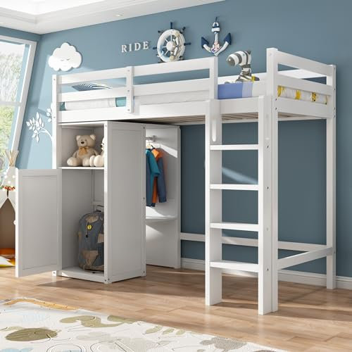 Kinderbett Hochbett Einzelbett 90x200 für Kinder, Holzbett Hausbett mit Kleiderschrank und Regalen Stauraum, Bettgestell mit Rausfallschutz und Lattenrost, Stauraumbett Jugendbett, Ohne Matratze, Weiß