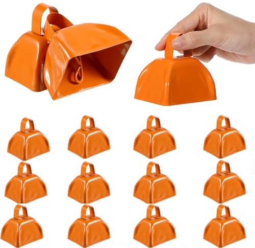 12 Pcs Metal Cowbells with Handle, Cow Bells Noise Makers for Sporting Events, Small Cow Bell Loud Bells Noisemaker Hand Percussion Cow Bells Noise Makers for Sporting Events, Football Games (Orange)