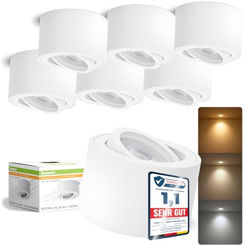 linovum SMOL Aufbauspot weiß flach schwenkbar 4W 3 Lichtfarben LED-Modul | Flacher Deckenspot weiß - nur 50mm hoch, schwenkbar, warm / neutral / kalt, für Flur & Wohnzimmer, inkl. LED-Modul