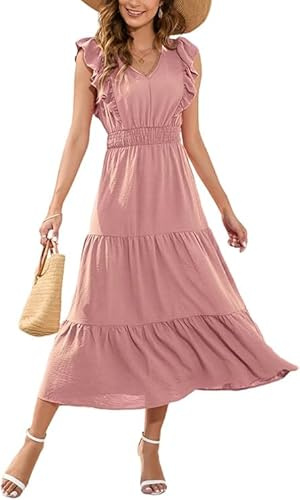 MAYFASE Summer Maxi Dress Ruffle Sleeve Elastic Waist Tiered Midi Dress | V Neck A-Line Holiday Dresses Casual Sleeveless Flowy Dress