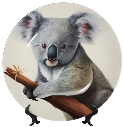 Assiette décorative en porcelaine anglaise avec support de présentation à suspendre en porcelaine - Koala et papillon - Assiettes rondes pour la maison, le bureau, la cuisine - 25,4 cm