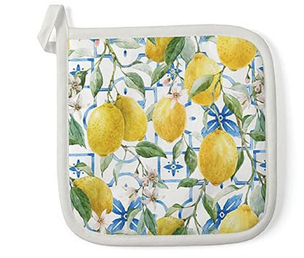 Topflappen Baumwolle 20x20cm mit Zitronen Motiv - wattiert & hitzebeständig - Küchenhelfer zum Kochen Backen Grillen - Kochzubehör Backzubehör Grillzubehör - Topfuntersetzer mediterran Gelb Weiß