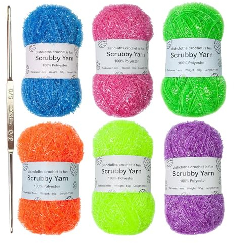 Scrubby Yarn 6 Strands Glitter Yarn for Crocheting Assorted Colours Scrubby Assortment Crocheting Yarn for Dishcloths Sparkling Wool Glitter Knitting Yarn Bundles for Knitting Tea Towels