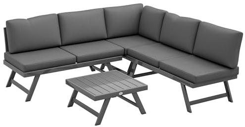Outsunny Salon de Jardin extérieur d'angle et Convertible 4 pièces avec 2 banquettes, 1 Fauteuil d'angle et 1 Table Basse, Aluminium et Acier mobilier de Jardin pour Balcon terrasse, Gris
