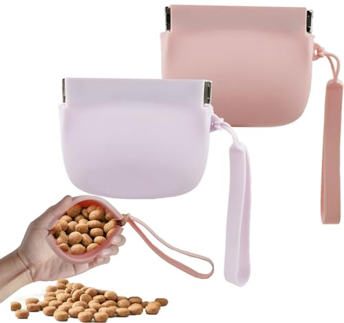 Leckerlibeutel für Hunde, Silikon Hunde Leckereien Automatischer Verschluss Mini Tragbare Haustier Snack Beutel Training Tasche Einfach zu Reinigen Reisen oder Outdoor Gebrauch (Rosa & Violett)