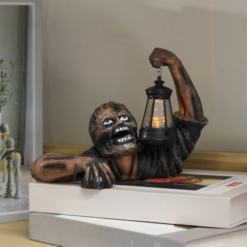 Zombie d'Halloween avec lanterne LED en résine - Statues de jardin - Film d'horreur - Statue de nains de jardin pour extérieur, jardin, terrasse, cour, pelouse