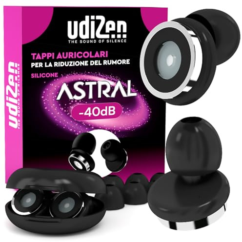 Ohrstöpsel für Schlafen Reisen Lernen mit Geräuschunterdrückung UdiZen -40dB Astral - 1 Paar wiederverwendbare ergonomische Ohrstöpsel Geräuschreduzierung Farbe Schwarz SNR 40dB mit Hartschalenkoffer