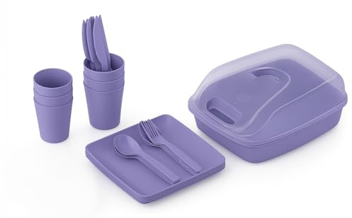 BH | 32 Pcs Reusable Plastic Picnic Set | Lavender | Lightweight | BPA Free | Ideal for Camping, Picnic, Travel & Garden Parties | Outdoor Dining Set with Plates, Cutlery for 6 People - by Best House