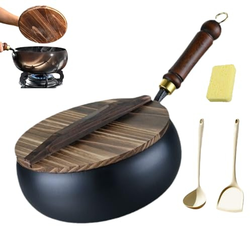 Padella in Ferro Cinese, Padella in Ferro Forgiato, 20/24/26/28/30 cm Pentola di Ferros non Rivestita Forgiata a Mano Coperchio in Legno, per Fornelli a Gas e Induzione (Coperchio in legno, 30cm)