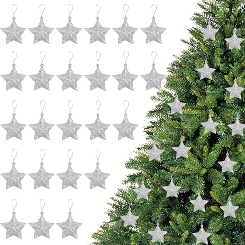 Stelle Glitterate da Appendere 24Pz Stella Natale Albero,Decorazioni Stelle Pendenti, decorazioni per albero di Natale,Adatte per Natale Appese ad Alberi di Natale, Caminetti, Finestre (Argento)