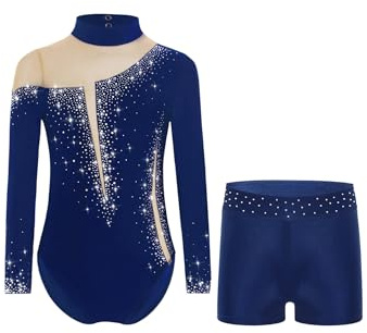 Yruioon Maillot De Gymnastique Pailleté Pour Filles Manches Longues Avec Short Strass Brillant Body De Patinage Artistique Combinaison Compétition Costume De Danse Bleu marine 11-12 ans