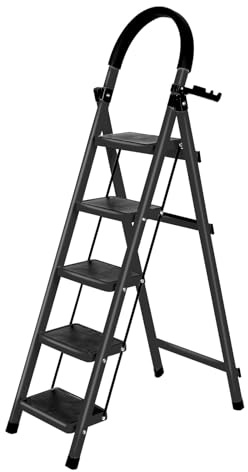 Escabeau Pliable 5 Marches avec Plateau à Outils et Mains Courantes, pour Maison Cuisine Garde-Manger Placards Bureau, Échelle Marche Pied Pliante 5-Level pour Intérieur Extérieur (Noir)