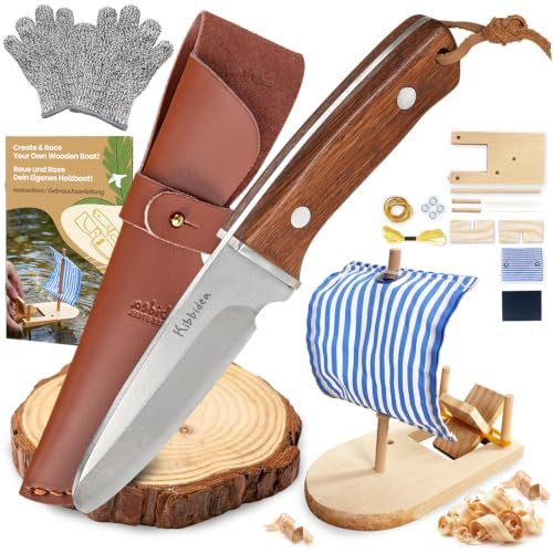 Kibbidea Schnitzmesser Set für Kinder, Bastel-Set für Kinder ab 8 Jahre | Edelstahl, Sicheres Taschenmesser, Lindenholz, Schnitzen-Komplett-Set, für Kinder ab 9, 10