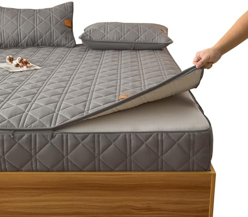 Coprimaterasso con Cerniera Singolo/Matrimoniale 90x190/200,120x190/200,140x190/200,160x190/200，Fodera A Sacco per Materasso Trapuntatura A Cinque Lati Traspirante Proteggi Rivestimento(90X200+8cm,B)