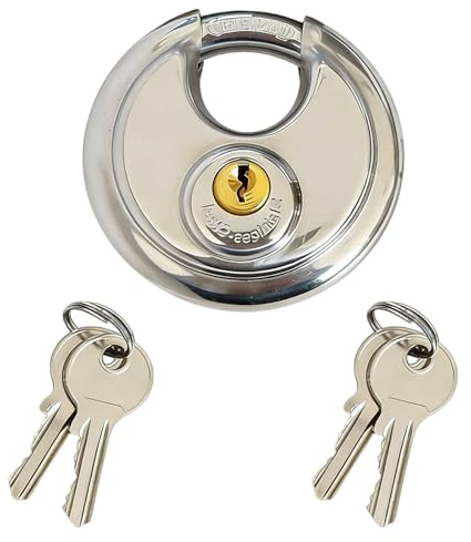 Raheem Lot de 2 cadenas à étrier rond de 70 mm en acier inoxydable avec 4 clés - Cadenas à disque ronds - Anti-rouille et résistant aux intempéries - Pour garage, entrepôt, hangar, cave, portail