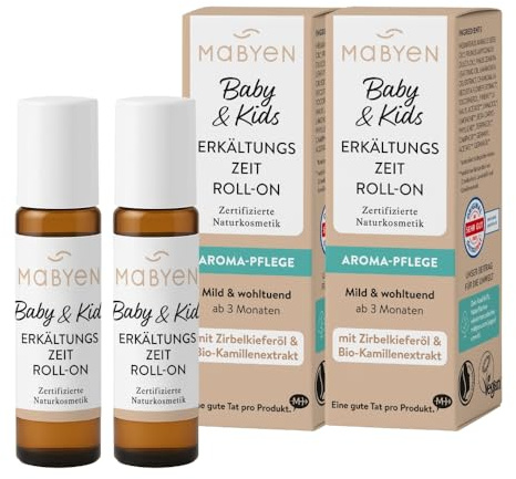 MABYEN Baby & Kids - Lot de 2 flacons de 10 ml de roll-on - Avec pin cembro, camomille bio et huile d'amande bio - Soin aromatique naturel pour bébés à partir de 3 mois - Végane et testé