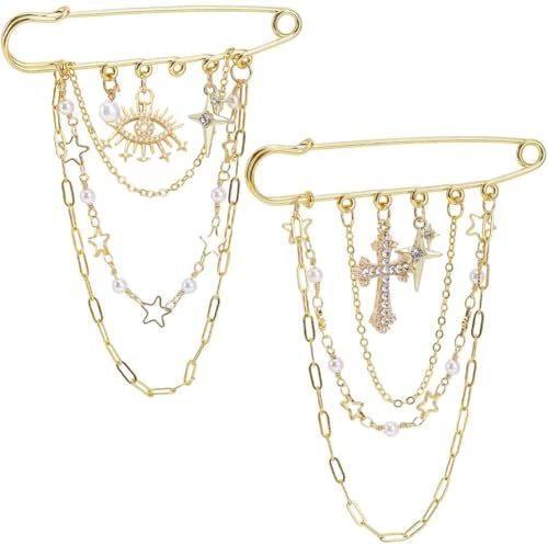 BEAMARKER 1 Box 2 Stile Sicherheitsnadel Mit Bösem Blick Goldene Kreuzbrosche Metall Edelstahllegierung Oster Teufelsaugen Quaste Kleidungsbroschen Mit Messingkette Für Kleider Hosen Pullover Schal Ta