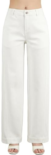 Sidefeel Women's Pants Wide Leg Jeans Tummy Control High Waisted Stretchy Denim Pants with Slanted Pockets Size 10 White