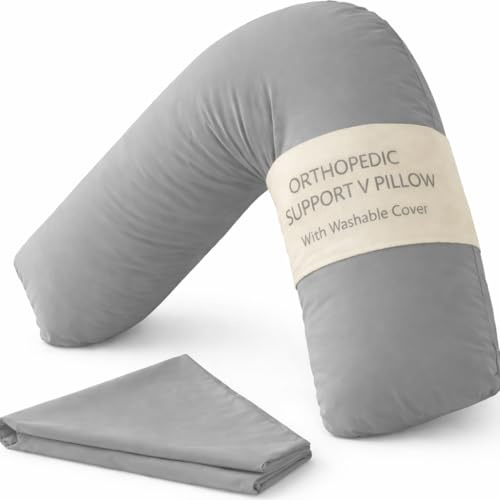 Home and Living V Shaped Pillow With Removable Pillowcase | Orthopedic V-Shaped Support For Back, Neck & Pregnancy | Firm Hollowfibre Filling Nursing & Sitting Up Bed Cushion (Grey, Plain)