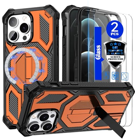 YmhxcY for iPhone 12/12 Pro Case，Compatible with MagSafe[With 2 pieces of tempered glass screen protector] With concealed metal bracket，Heavy-Duty Shockproof Rugged Case，6.1 inch(Orange)