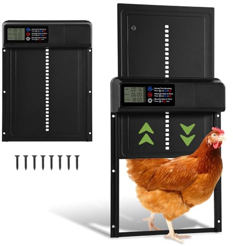Peviasot Automatische Hühnerklappe mit Timer/Manuell/Anti-Tamper Modus, elektrische Hühnerklappe automatisch mit LED Display, Niedriger Batteriestand Hinweis, Wasserdichter Türöffner für Hühnerstall