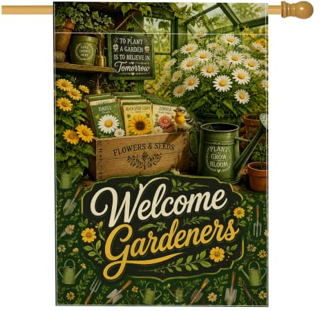 Bandiera per casa con crisantemo, attrezzi da giardinaggio rustici per vasi di fiori in iuta verde primaverile su entrambi i lati, bandiere decorative per portico esterno, cortile, prato, patio, porta
