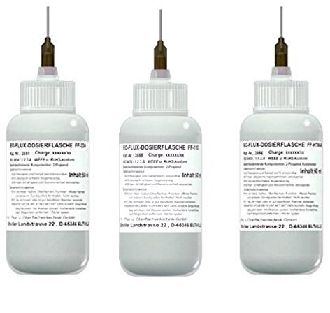 EO-Lötapotheke/Flussmittelapotheke Nr. 1 (1 x EO-Flux-Dosierflasche FF-334 mit 50 ml Inhalt, 1 x EO-Flux-Dosierflasche FF-110 mit 50 ml Inhalt, 1 x EO-Flux-Dosierflasche FF-SSK-15 mit 50 ml Inhalt)