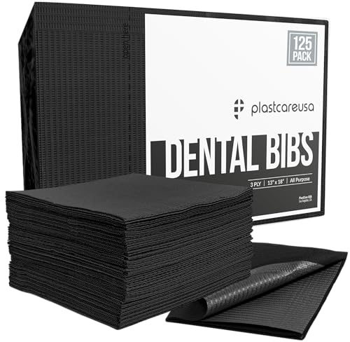 PlastCare USA Disposable Dental Bibs 13x18 (125 Pack) - 3 Ply Waterproof Tattoo Bib Sheet for Patients - Dentist or Medical Tray Cover and Nail Table Cover Supplies, Black