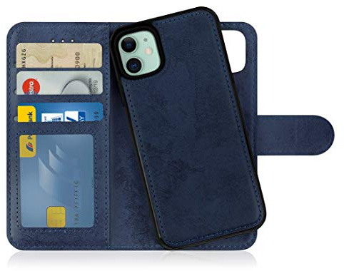 MyGadget Flip Case für iPhone 11 - [ abnehmbare Magnet Hülle ] - Handyhülle aus Kunstleder - [ Klapphülle mit Kartenfach ] Schutzhülle in Dunkelblau