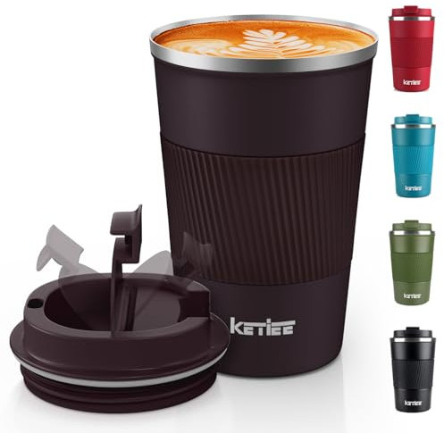 KETIEE Kaffeebecher to go,380ml Thermobecher Kaffee-to-go,Kaffeebecher Thermo,Doppelwandig Reisebecher Travel Mug,Vakuum Isolierbecher mit auslaufsicherem Deckel für Kaffee und Tee,Braun