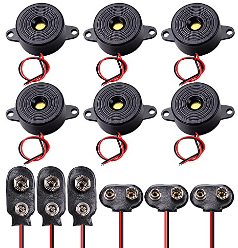 VooGenzek 6 PCS DC 3-24V Piezo Electronic Buzzer, 12V Electronic Buzzer Alarm Sounder + 9V Battery Snap Connector (3pcs T Type and 3pcs I Type)