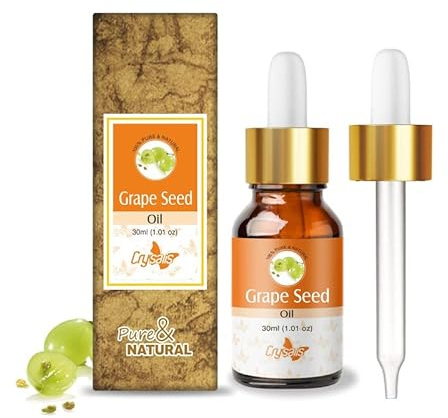 CRYSALIS Olio vettore non diluito, puro e naturale al 100% di semi d'uva (Vitis Vinifera), Olio spremuto a freddo per pelle luminosa, capelli sani, viso nutrito, ricco di Omega 3-30 ml con contagocce