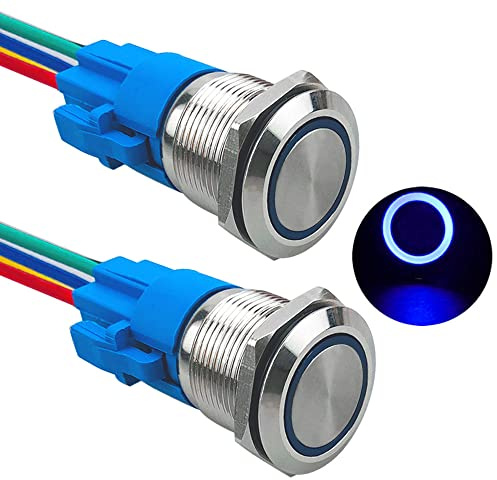 Aiqeer 2 Pezzi 19 mm Interruttore a Pulsante Momentaneo, 12V / 24V 5A Interruttore di Accensione per Auto, Interruttore a Pulsante in Metallo con Presa Precablata (LED Blu)
