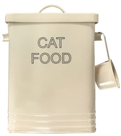 NOBEL Cat Food or Cat Treat Storage Tin with Lid with Scoop Non Slip Pads (CAT FOOD, Cream)