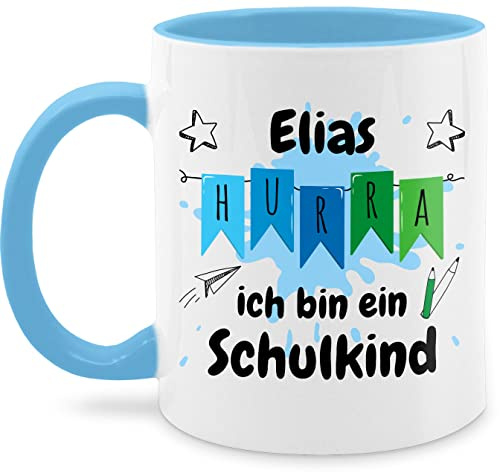 Tasse Tassen 325ml - Einschulung Schulanfang - Hurra ich bin ein Schulkind - 325 ml - Hellblau - personalisierte zur geschenkideen+für+schulanfänger schulanfänger name kaffeetasse