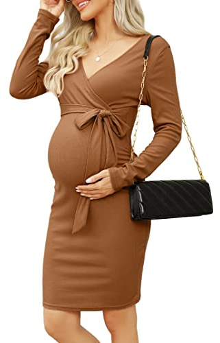 KOJOOIN Damen Umstandskleid Enge Langarm Stillkleid V-Ausschnitt Schwangere Kleider Mutterschaft Schwangerschaft Knielanges Partykleid mit Gürtel (Verpackung MEHRWEG), A-Khaki, M
