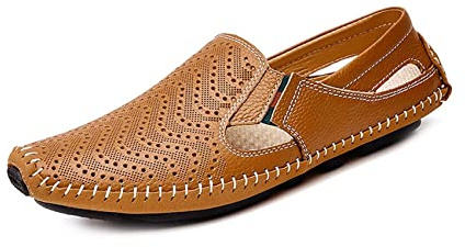 Mens Läder Kör Loafer Lättviktig Slip-On Perforerad Andas Vandring Båt Skor Platt Tofflor Utomhus Mockasin Brun 46/47 EU