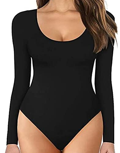 TOEECY Body à Manches Longues pour Femme Col Rond Stretch Basique Bodysuit Jumpsuit Élégante Combinaison Sexy Slim Justaucorps Combishort (Noir,M)